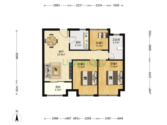 大名城名郡 3室1厅1卫 87平方
