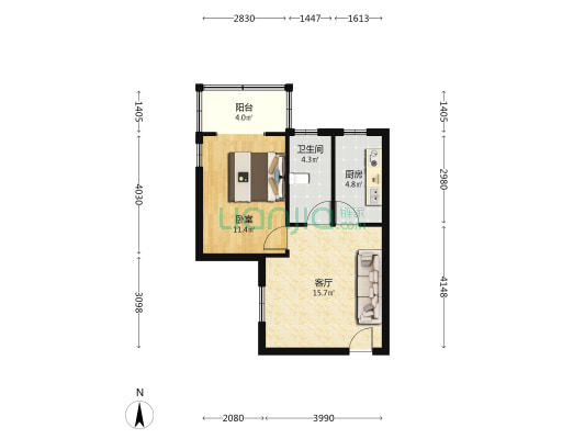军怡公馆 1室1厅 西北-户型图