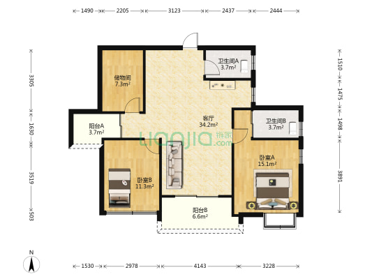 千禧郎8号 2室1厅2卫 124平方