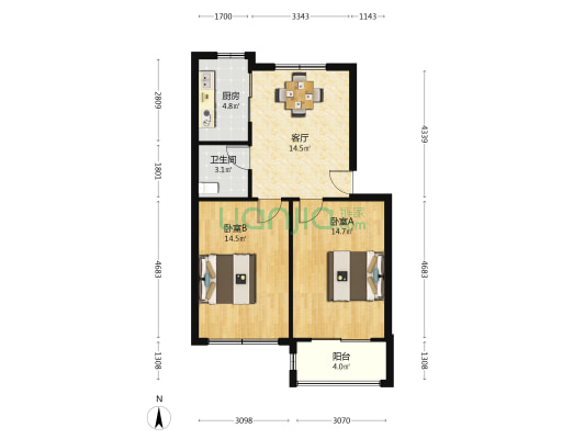 文一路82号 2室1厅1卫 65平方