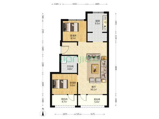 阳光城翡丽公园 2室1厅1卫 87平方