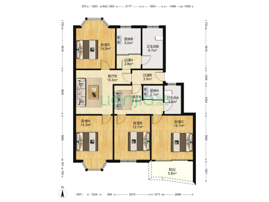 福田花园 4室2厅2卫 131平方