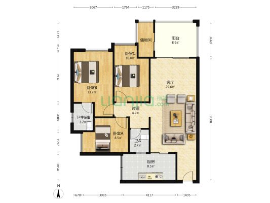 华泓四季花城 3室1厅2卫 86平方