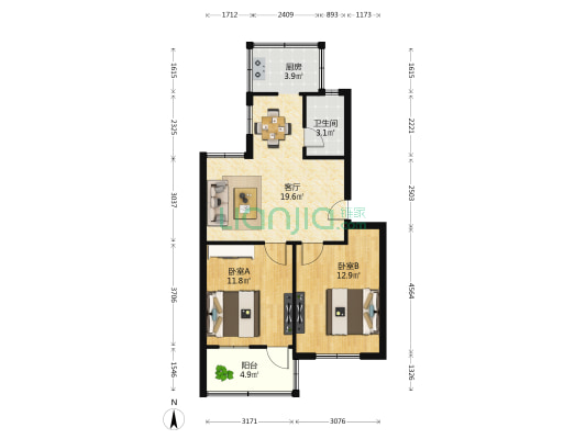 手托社区 2室1厅1卫 68平方