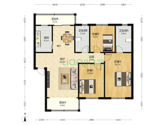 君苑 3室1厅2卫 118平方