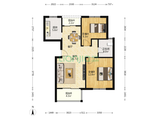 塘泾南苑 2室1厅1卫 88平方