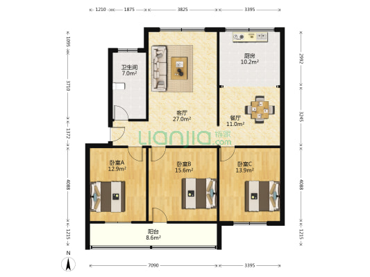 凤中街7号 3室2厅1卫 120平方