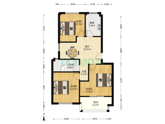 兆通郡王府 3室1厅1卫 87平方