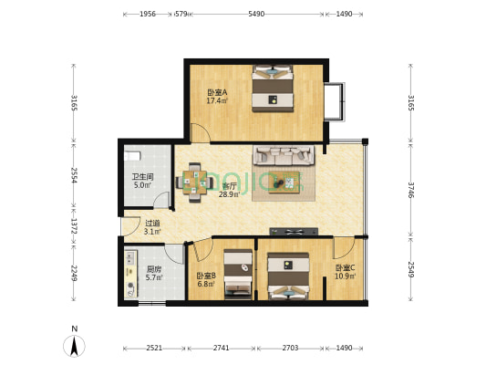 建宁新居 3室1厅1卫 102平方