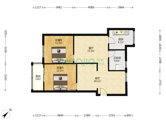 茶麻公司宿舍 2室2厅1卫 82平方