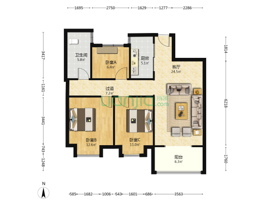 翡翠华庭小区 3室1厅1卫 96平方