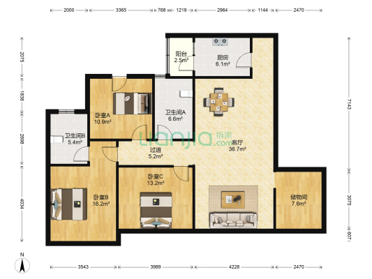 海上花园一二期 3室1厅2卫 126平方