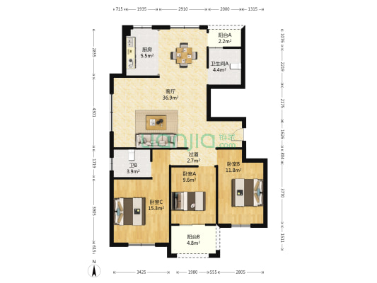 金桂院南区 3室1厅2卫 127平方