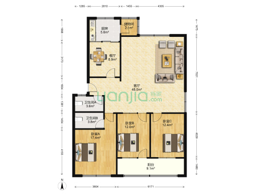 保安公司宿舍 3室2厅2卫 148平方