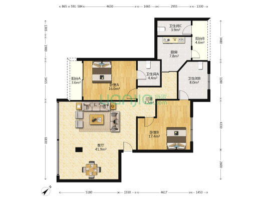 华泰小区 2室1厅3卫 123平方