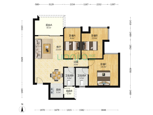 瀚御轩 3室1厅2卫 96平方