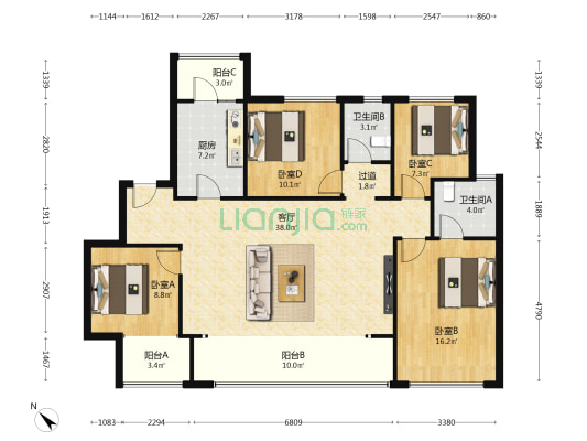 洺悦玖玺 4室1厅2卫 140平方