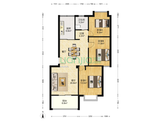 龙鼎花园 3室1厅1卫 98平方