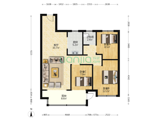 吾悦和府南区 3室1厅1卫 108平方