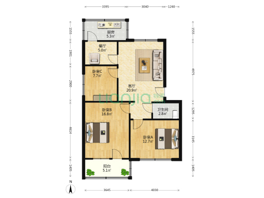 市医院宿舍 3室2厅1卫 90平方