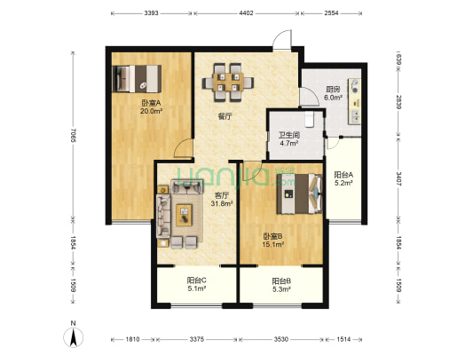 海天国际 2室1厅1卫 108平方