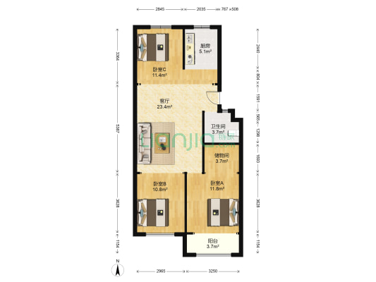 恒信宝通世家 3室1厅1卫 90平方