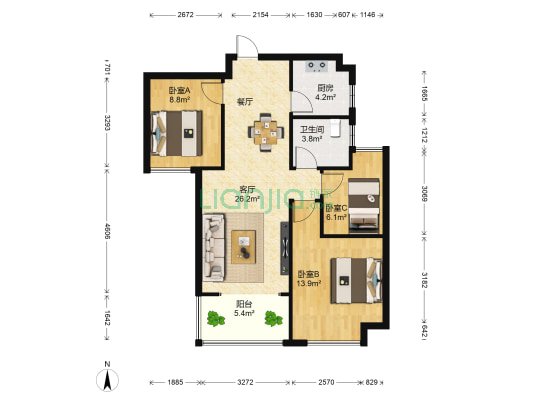 绿地玫瑰城西区 3室1厅1卫 90平方