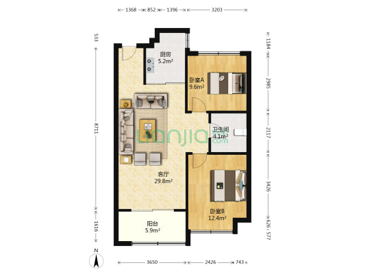 金地悦峰 2室1厅1卫 92平方