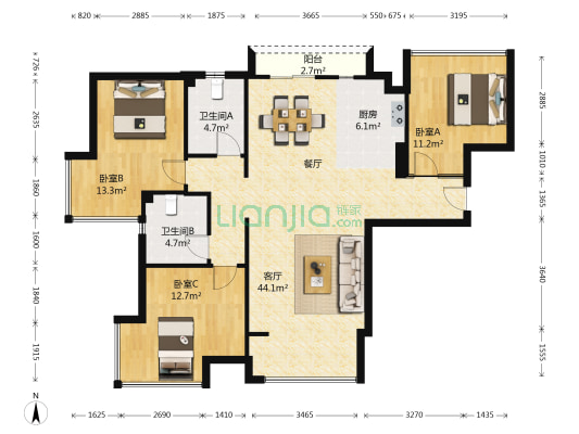 红星国际晶品 3室1厅2卫 105平方