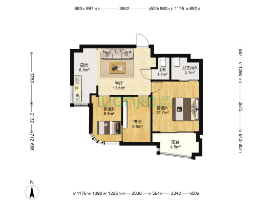 时代都市御园 3室1厅2卫 78平方
