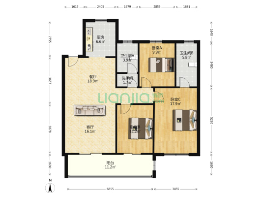 建业城一期（大城小院） 3室2厅3卫 135平方