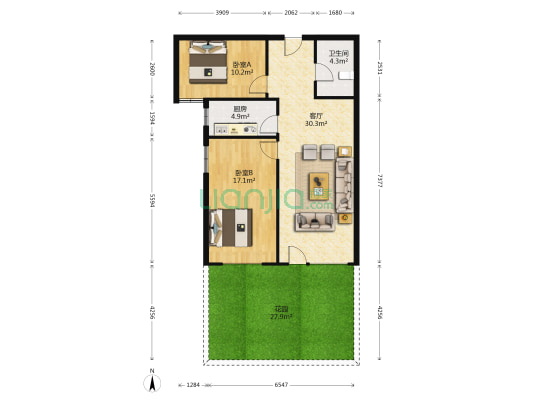 一层带花园 自住精装修 户型方正-户型图