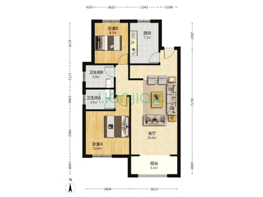 如意璟园 2室1厅2卫 100平方