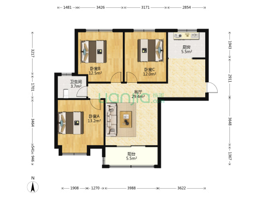 堰湖山庄西区 3室1厅1卫 112平方