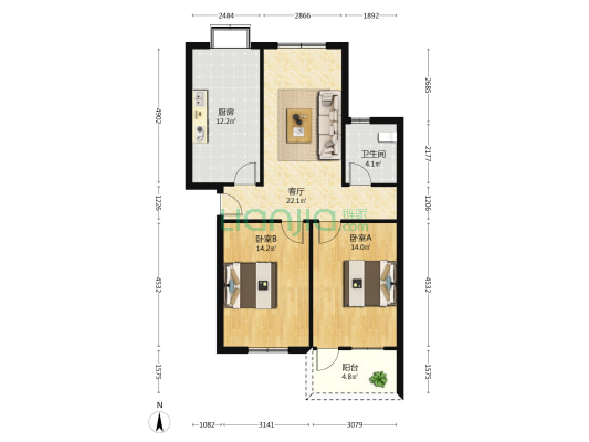 国防办宿舍 2室1厅1卫 86平方