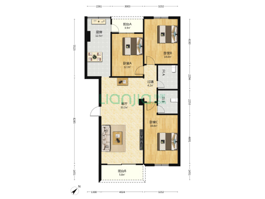 大园路77号 3室1厅2卫 129平方