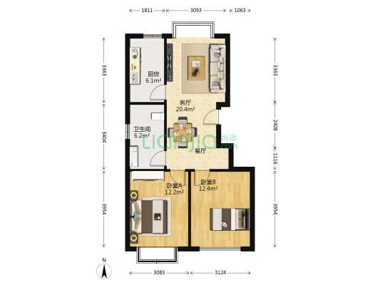 龙御现代城 2室1厅1卫 84平方