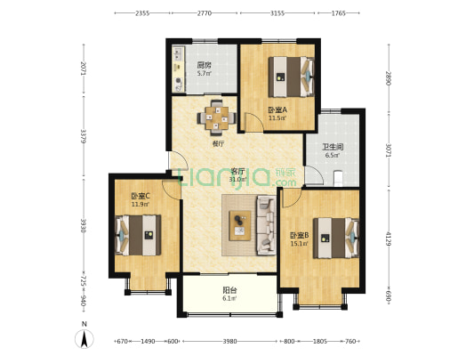罗锦新苑 3室1厅1卫 105平方