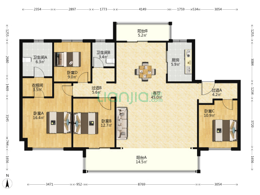 中海观园东区 4室1厅2卫 173平方
