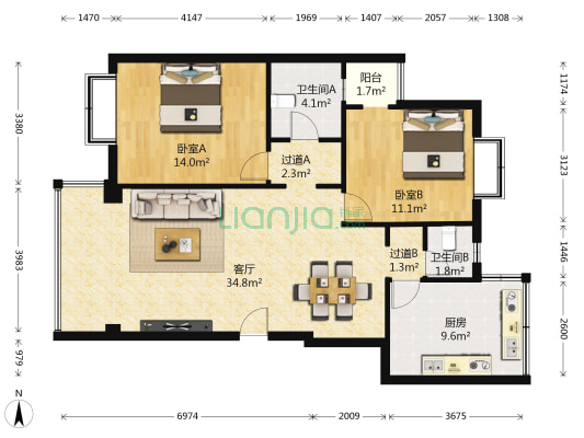 光华岁月二期 2室1厅2卫 100平方