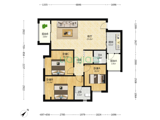 山晓 3室1厅2卫 91平方