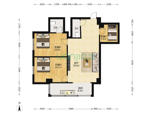 总统公寓 3室1厅2卫 106平方