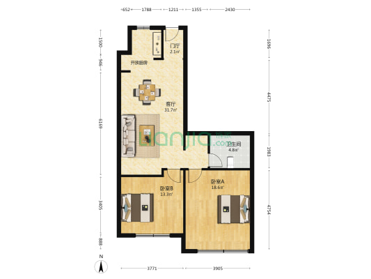 国安云公馆 2室1厅1卫 110平方