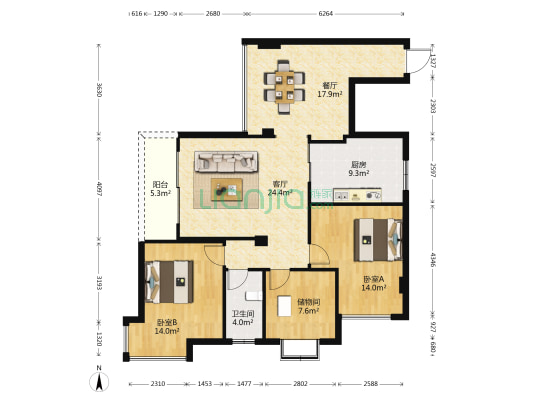 北尚B区 2室2厅1卫 144平方