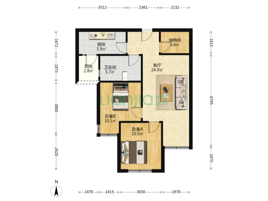 雏扬国际 2室1厅1卫 80平方