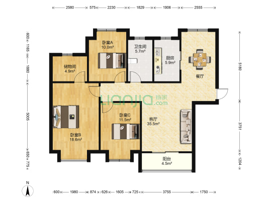 万福世家 3室1厅1卫 120平方
