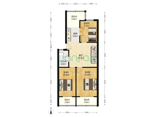 汉口西路200号 3室1厅1卫 79平方