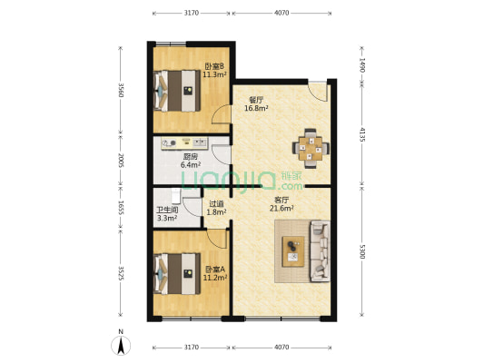 北京洋房 2室2厅1卫 85平方