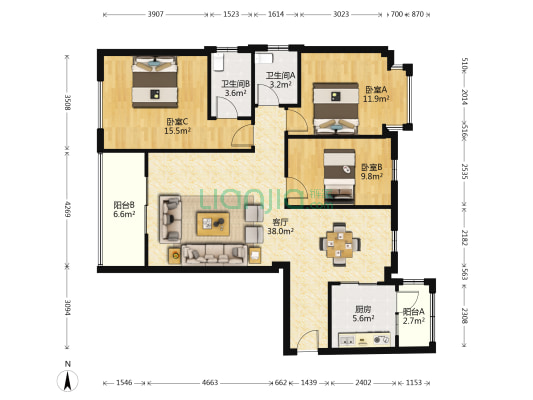 鸿翔湖景苑 3室1厅2卫 130平方