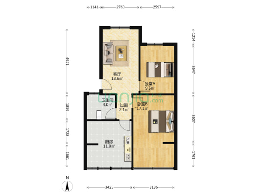 二仙桥东三路2号 2室1厅1卫 64平方